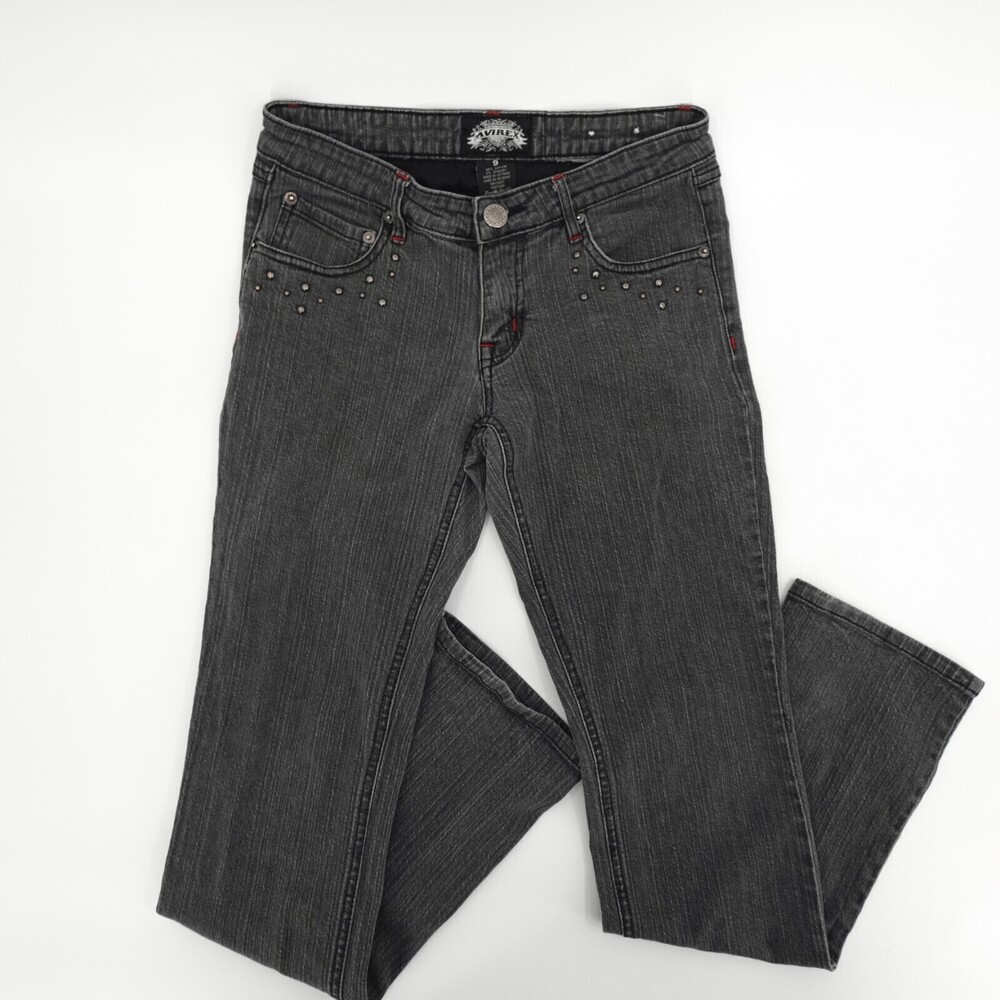 Avirex Jeans Womens 9 Gray Straight Leg Low rise Embroidered pocket Studded